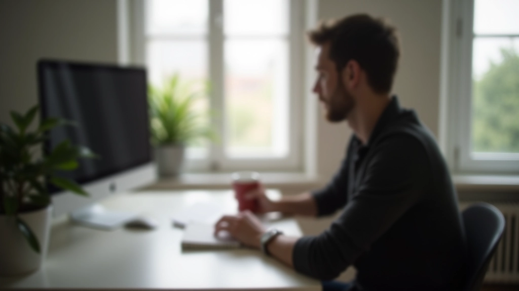 Et stille arbejdskammer med computer, notesbog og kaffekopp på bordet, naturligt lys fra vinduet, minimalistisk og fokuseret miljø