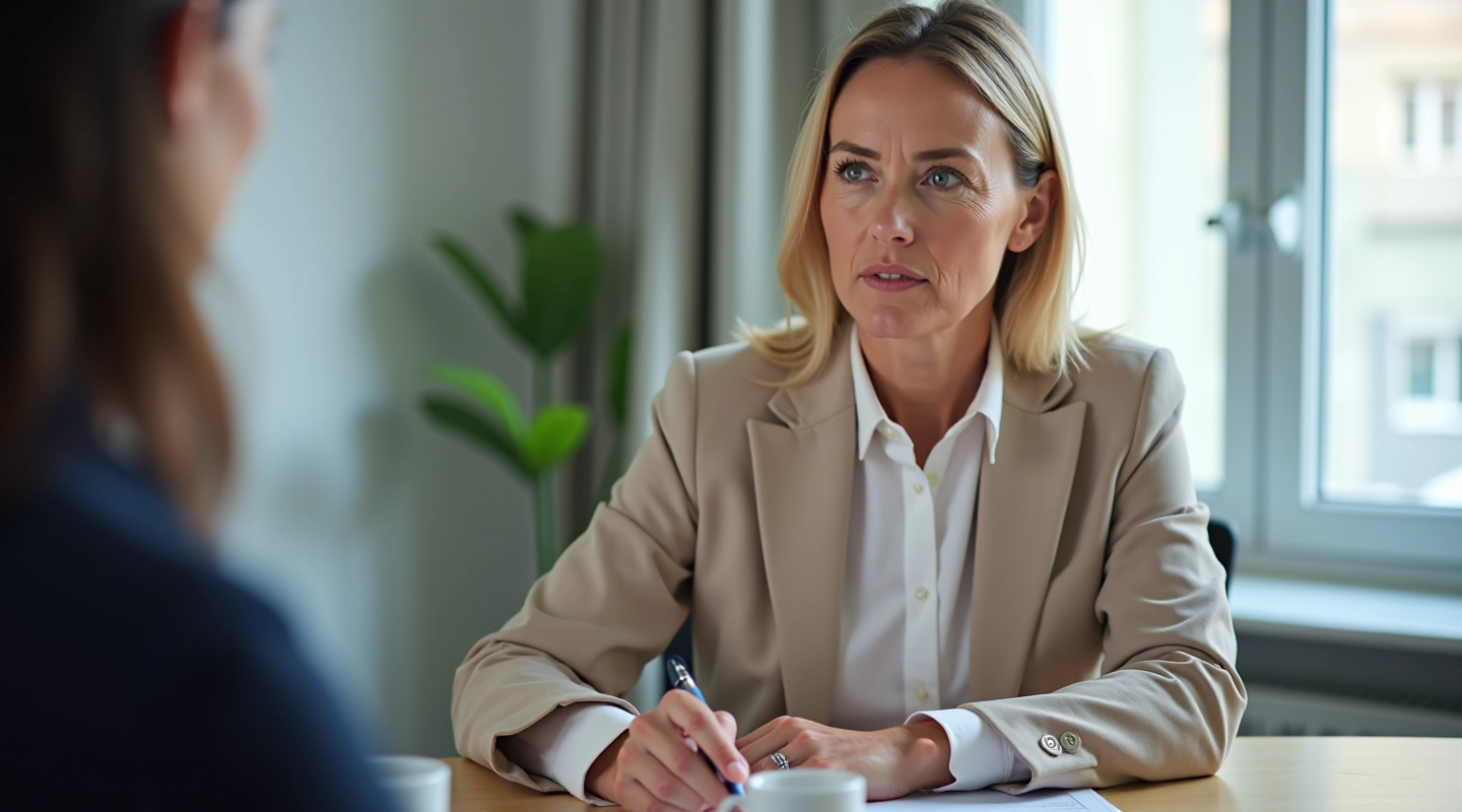 Person der sidder ved et bord og har en vigtig samtale med en anden person